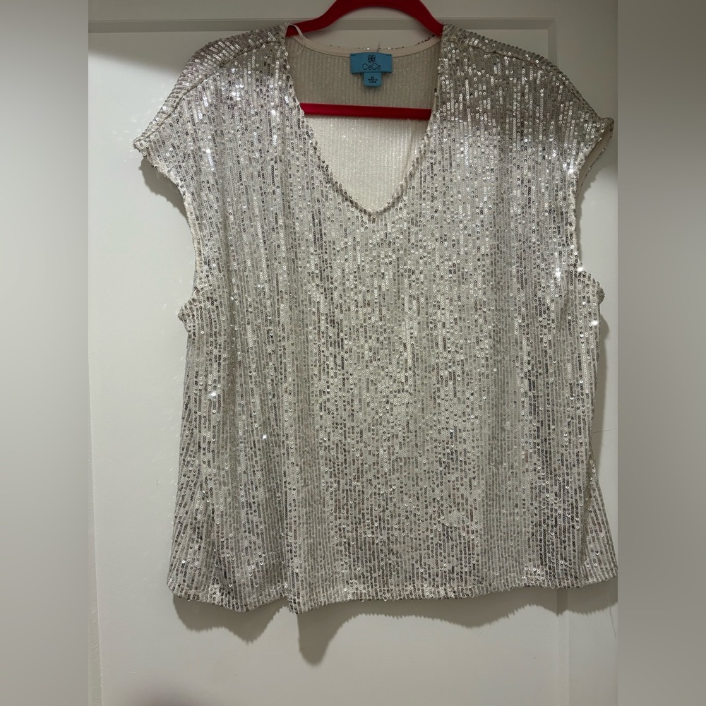 CeCe Shimmering Silver Sequin Top XL